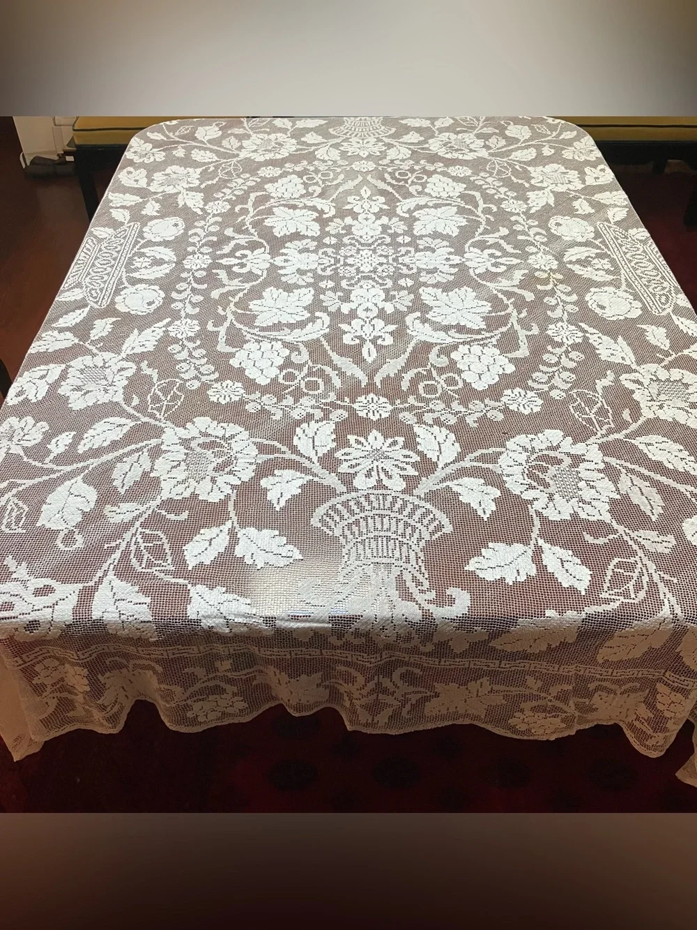 VTG Handmade Lace White TableCloth Rectangle Floral Maximalist Grannycore 64x80